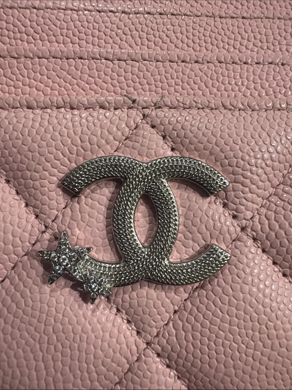 CHANEL Pink Quilted Card Case with Silver CC Charm